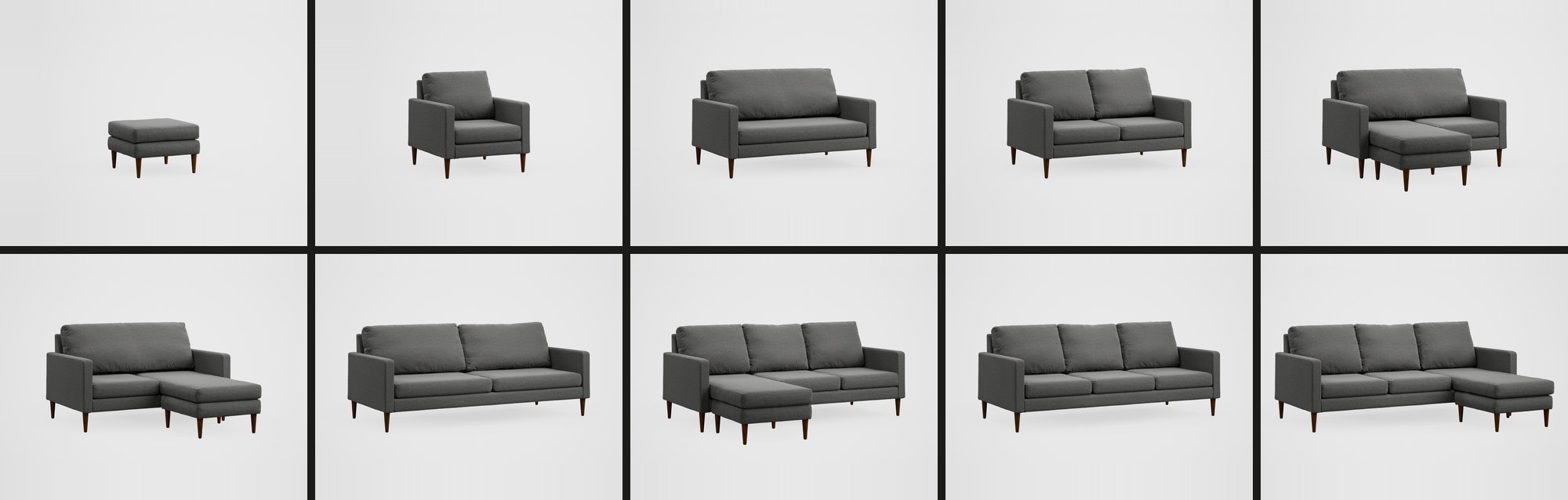 Grid of ten renders of the same grey sofa range, from an ottoman and an armchair to sofas with chaises