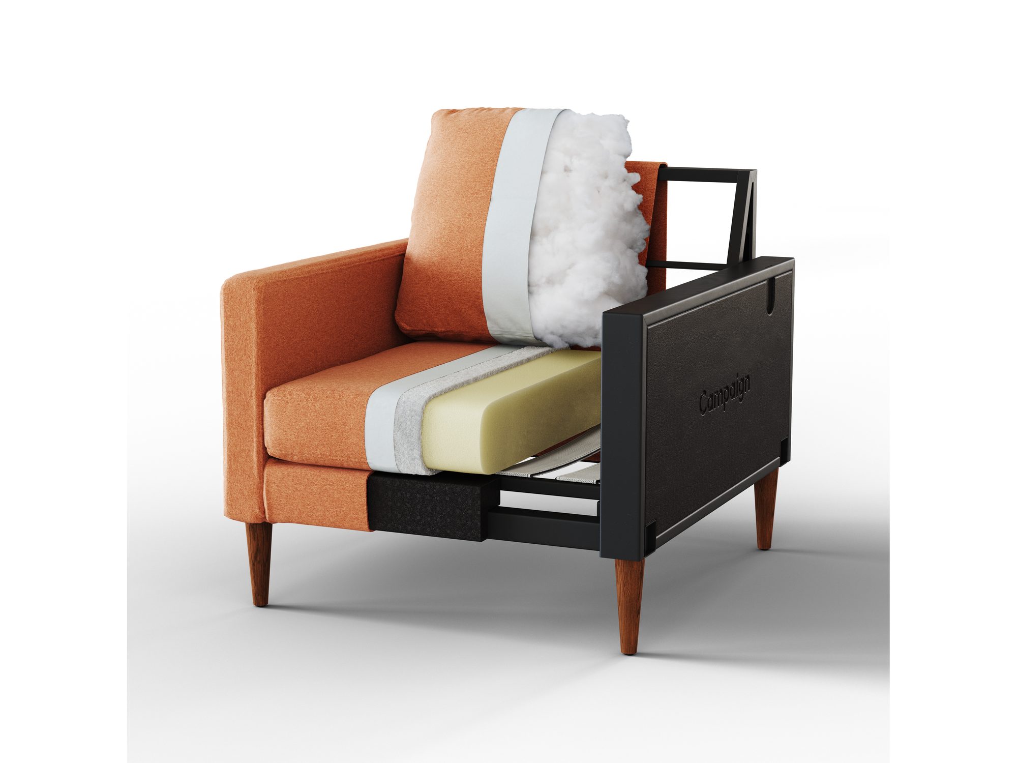 Orange armchair cut open to show the frame, foam and padding layers, on a white background