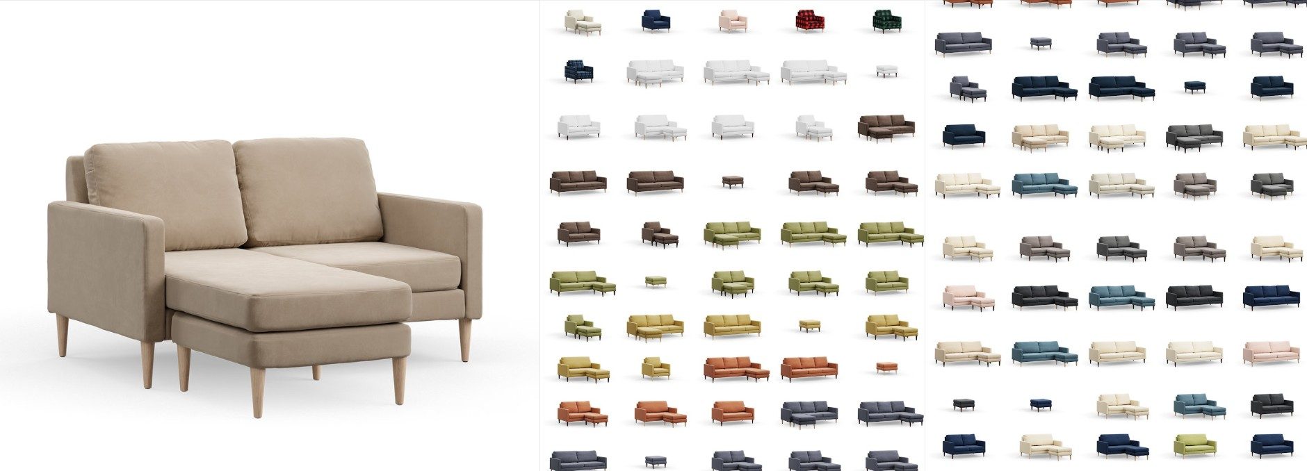 A beige sofa with chaise next to a grid of small sofa renders in dozens of fabric colours