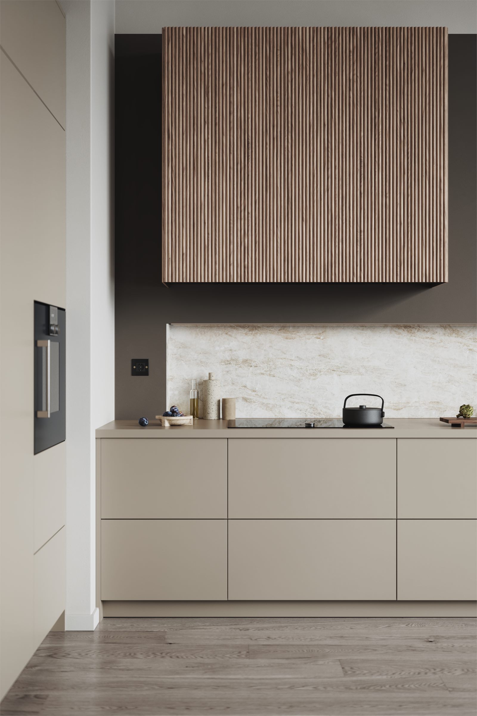 Kitchen with beige cabinets, a stone backsplash and a wood-veneer wall cabinet